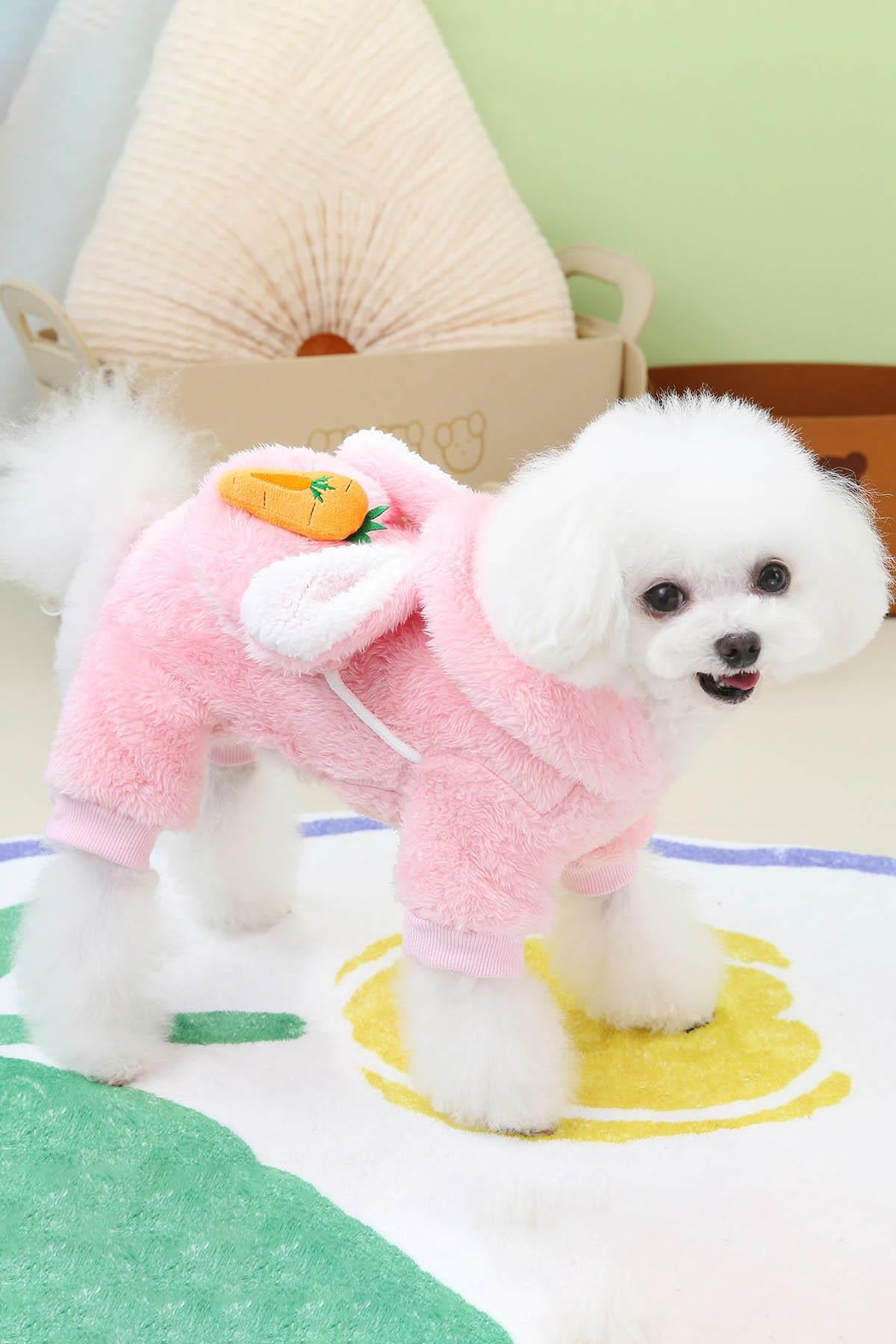 Pembe Renk Havuç Figürlü Çanta Detaylı  Peluş XL Köpek Tulum
