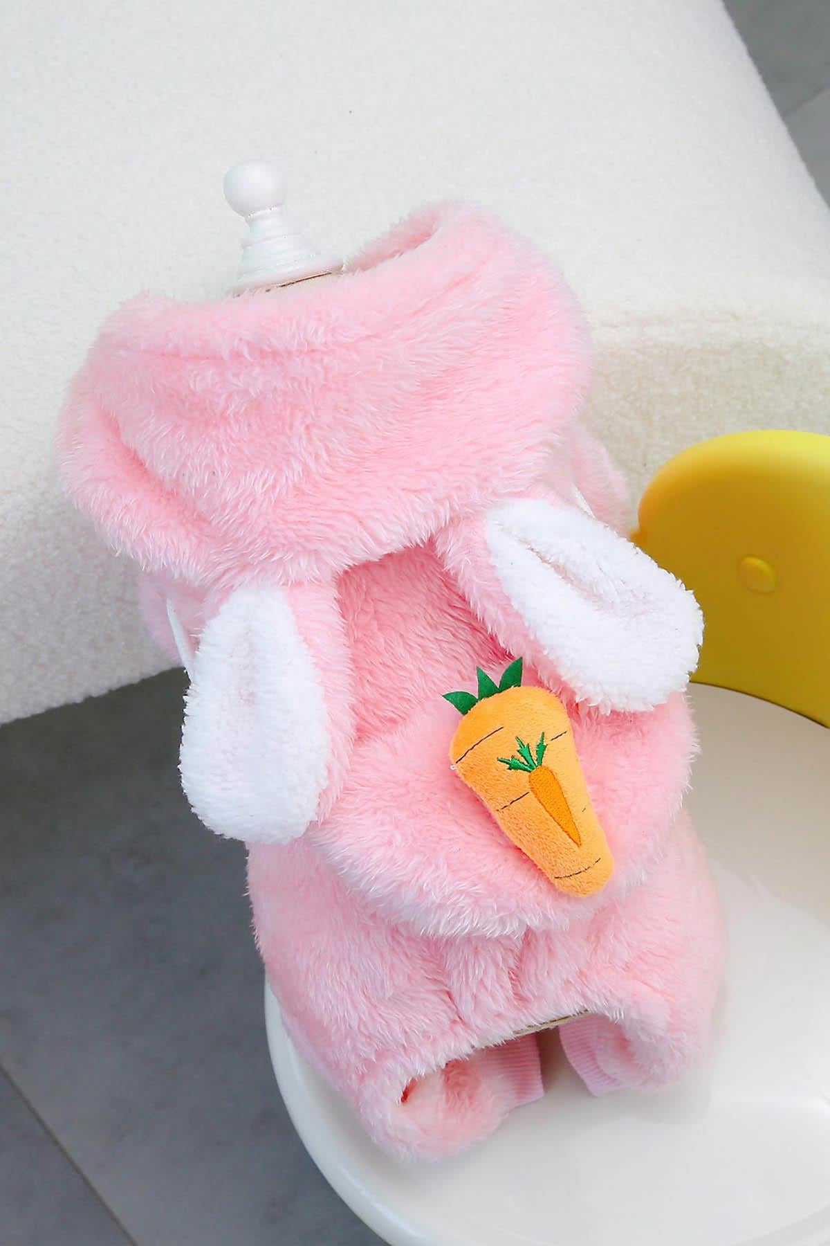Pembe Renk Havuç Figürlü Çanta Detaylı  Peluş XL Köpek Tulum