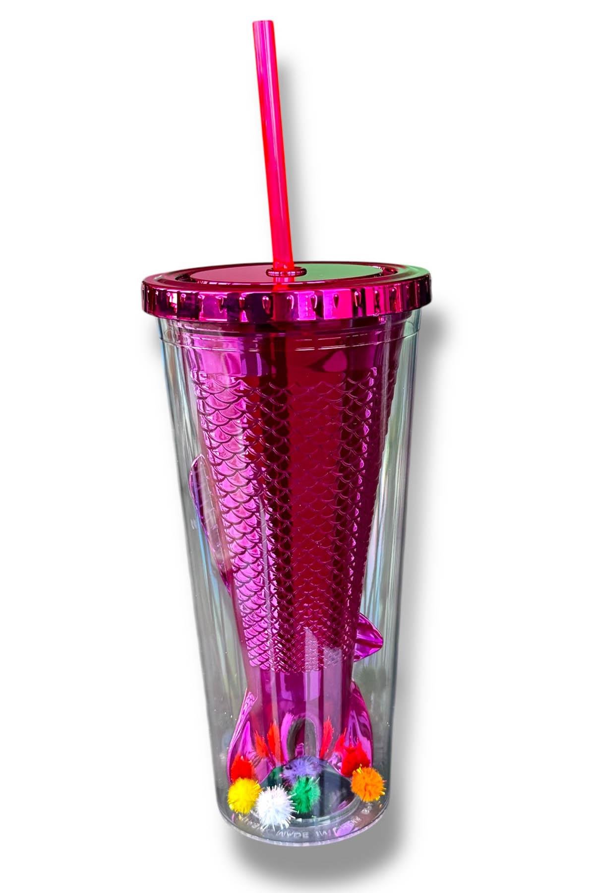 Pembe Renk Kuyruk Figürlü Ponpon Detaylı Pipetli Suluk