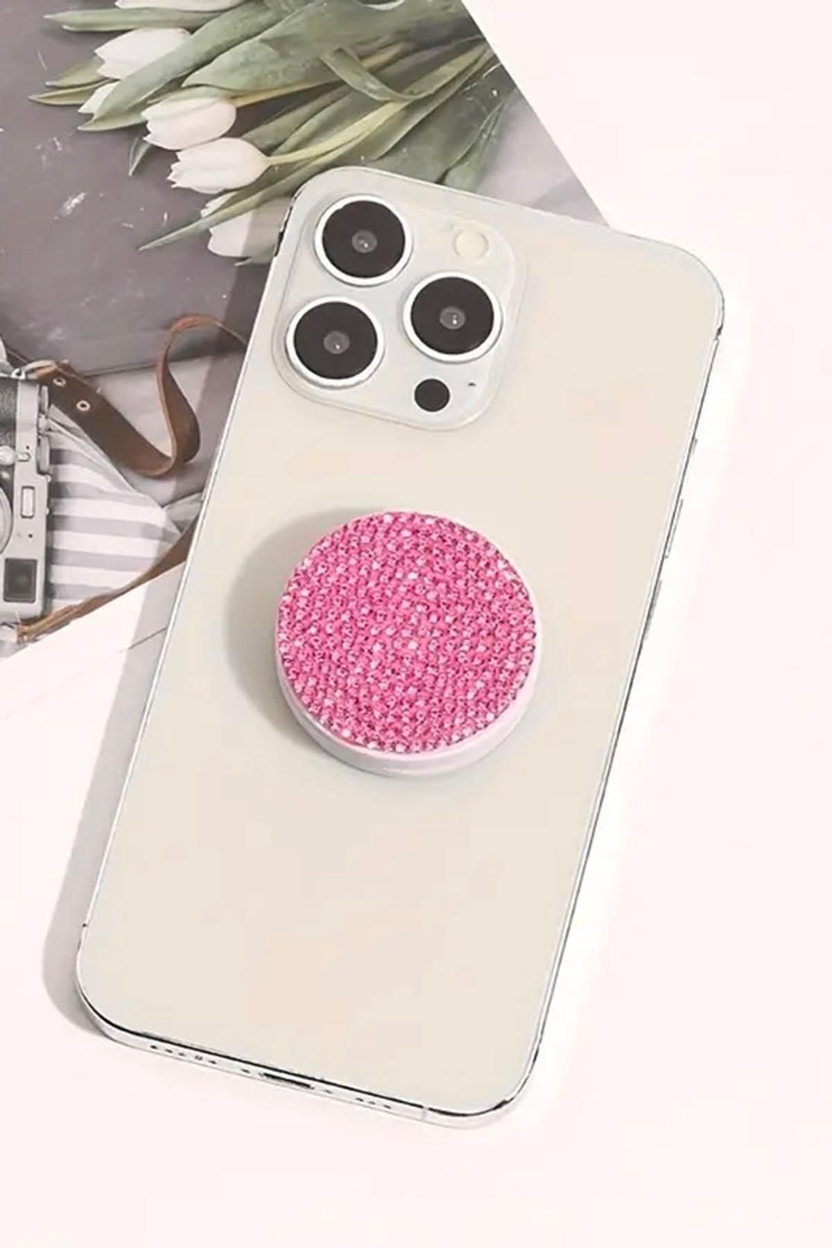 Pembe Renk Taş Detaylı 3D Telefon Tutacağı