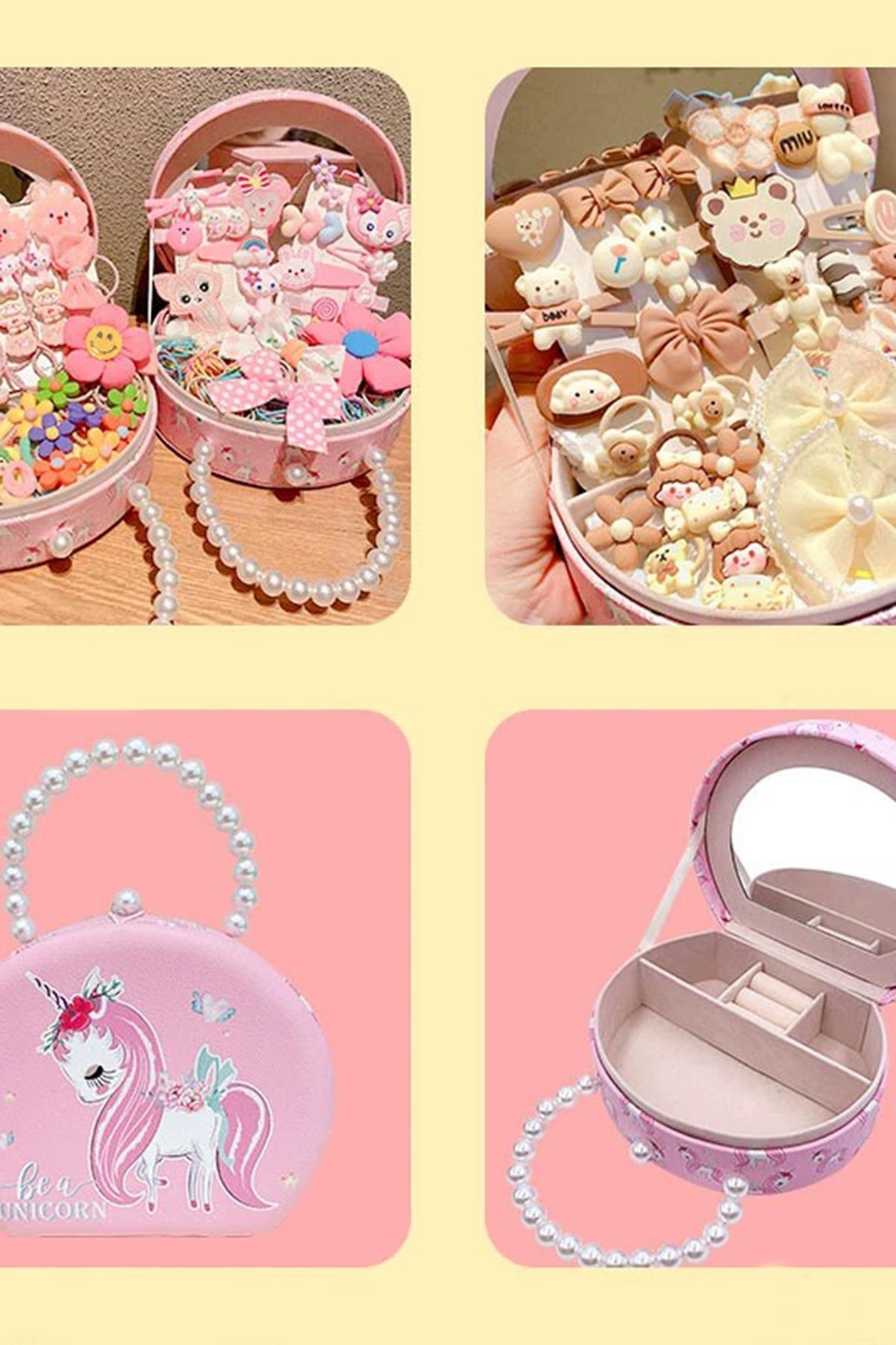 Pembe Renk Unicorn Figürlü İnci Detaylı Çanta Detaylı Takı Kutusu/Organizer