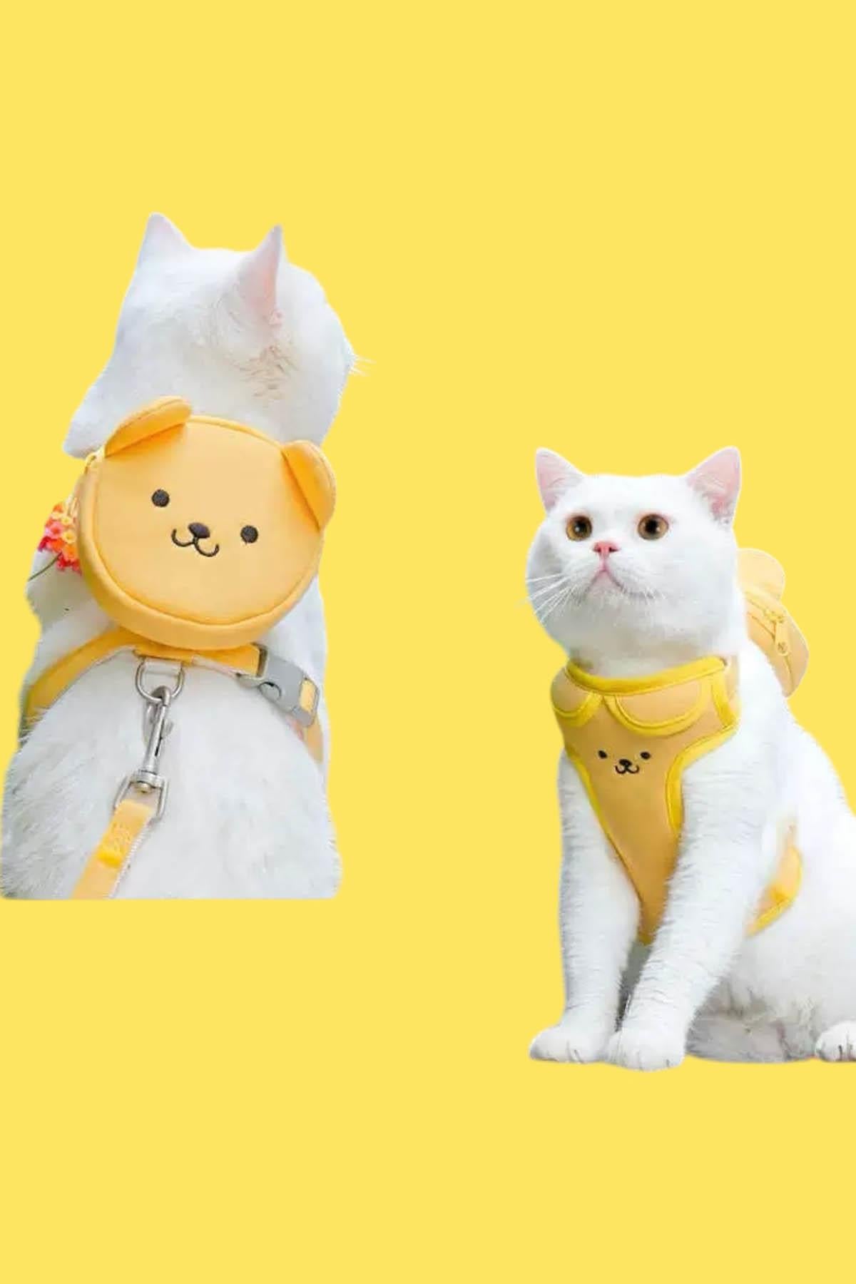 Sarı Renk Ayıcık Figürlü Çanta Detaylı Bel Göğüs Ayarlanabilir Kedi/Köpek Tasma