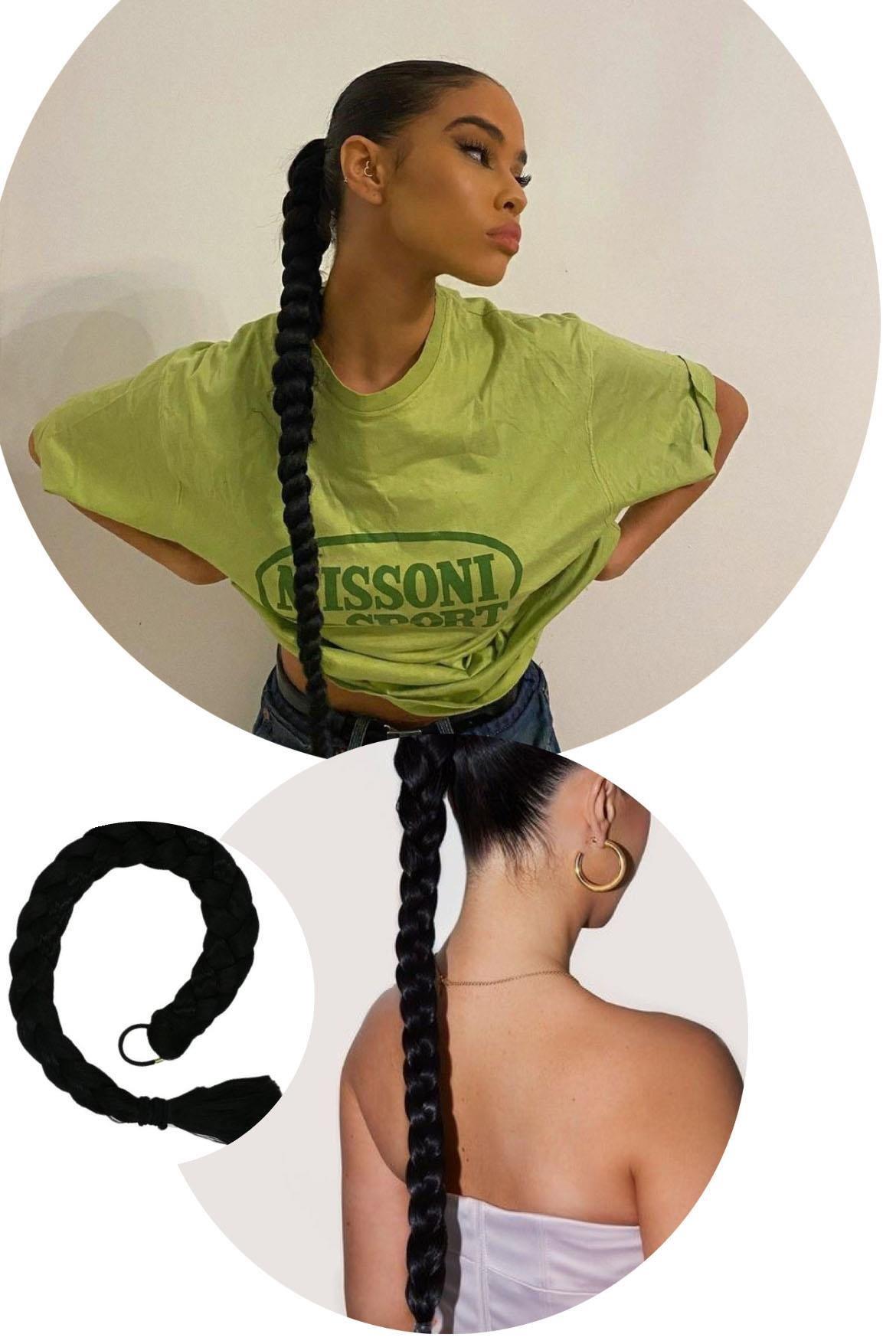 Siyah Renk Takma Lastik Tokalı Örgü Gerçek Saç Dokusunda At Kuyruğu (65 Cm)