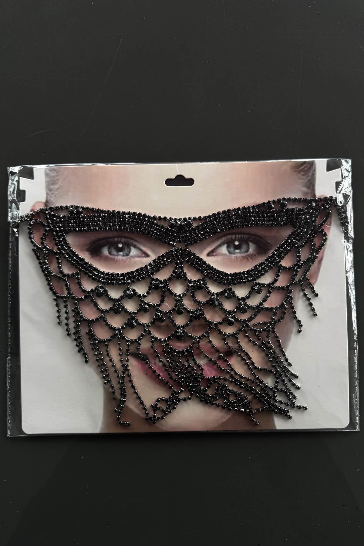 Siyah Renk Taş Detaylı Parti Maskesi