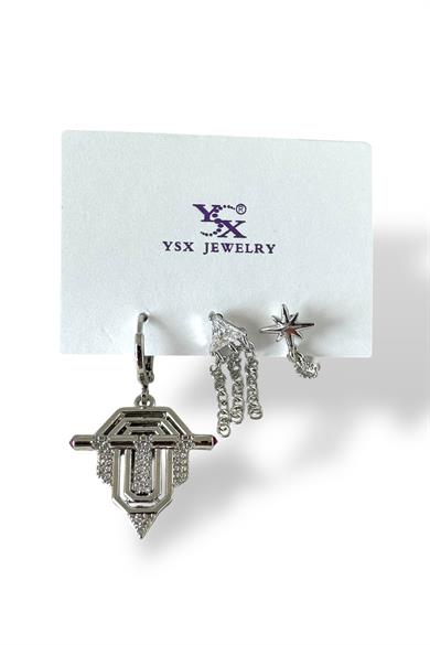 Gümüş Renk Taş Detaylı 3lü YSX Küpe Set