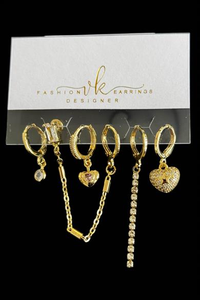 6lı Altın Renk Taş Detaylı Küpe Set