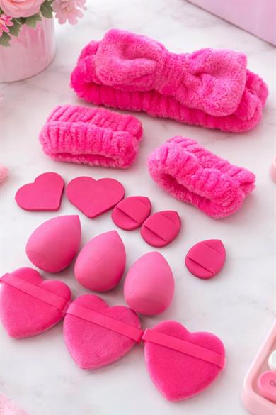 Fuşya Renk Kurdele Figürlü Su Emici Havlu Bileklik/Saç Bandı/Makyaj Süngeri Set