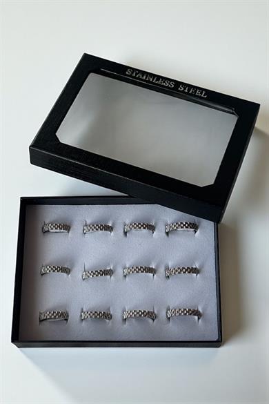 12li Gümüş Renk Çelik Erkek Yüzük Set