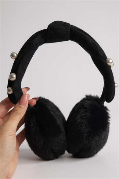 Siyah Renk İnci Detaylı Peluş Kulaklık
