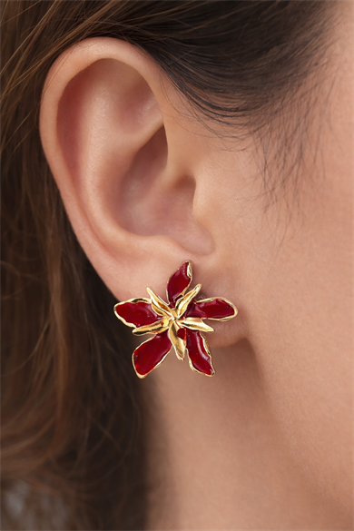 Altın Ve Kırmızı Renk Çiçek Figürlü Küpe (Çift)