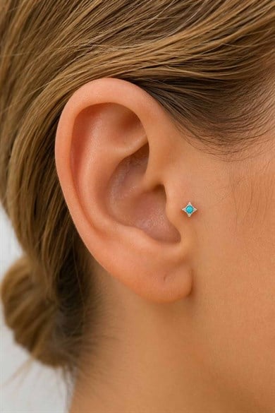 Gümüş Renk Mavi Taşlı Cerrahi Çelik Tragus/Kıkırdak Küpe/Piercing (Tek)
