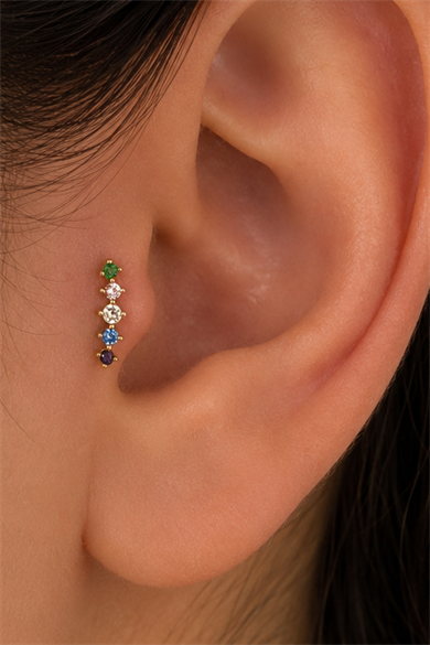 Altın Renk Taşlı Cerrahi Çelik Tragus/Kıkırdak Küpe/Piercing (Tek)