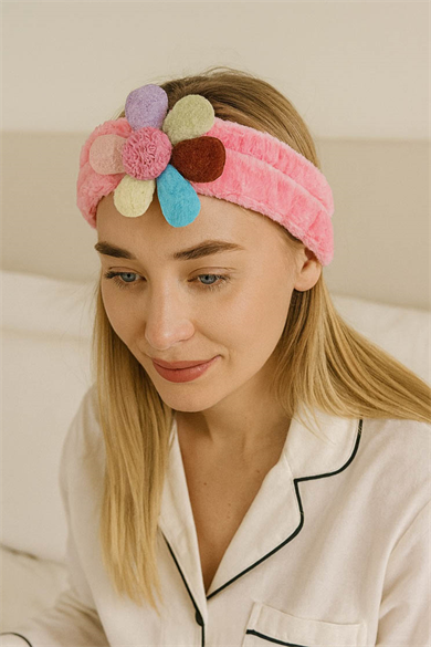 Fuşya Renk Çiçek Figürlü Peluş Saç Bandı