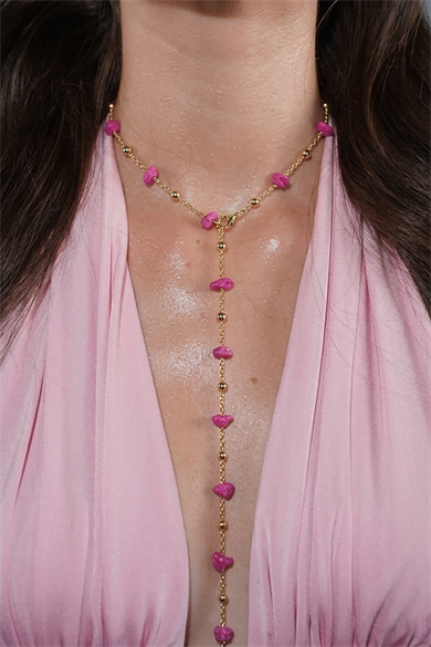 Altın Renk Taş Detaylı Çelik Y Kolye