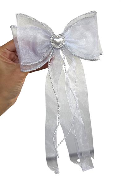 Beyaz Renk Kalp Figürlü İnci Detaylı Kurdele Otomat Toka