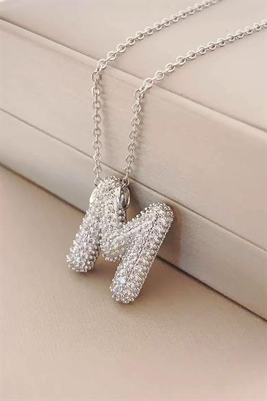 Gümüş Renk M Harf Taş Detaylı Çelik Kolye