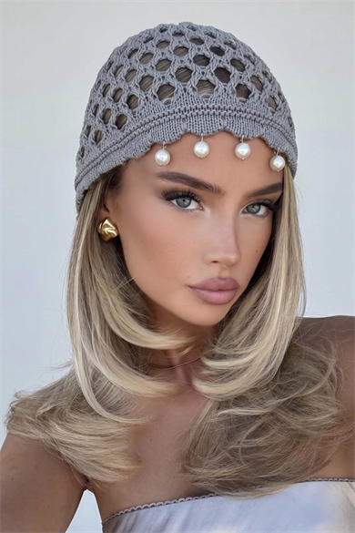 Gri Renk İnci Detaylı Örgü Saç Bandana