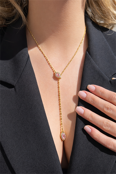 Altın Renk Taş Detaylı Çelik Kolye