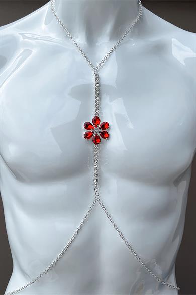 Gümüş Renk Çiçek Figürlü Kırmızı Taş Detaylı Tasarım Vücut Aksesuar