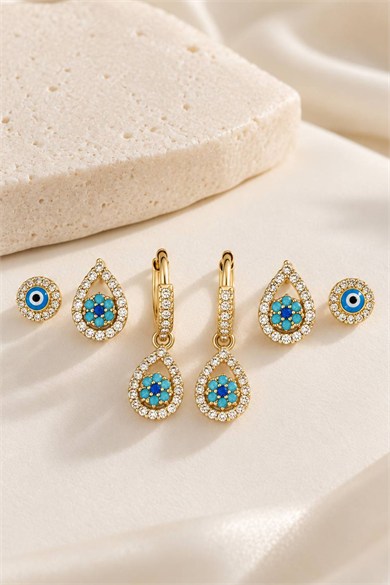 6lı Altın Renk Taşlı Küpe Set