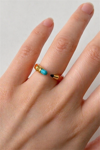 Altın Ve Turuncu Renk Kalem Figürlü Ayarlanabilir Yüzük