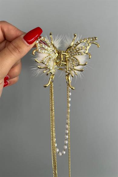 Altın Renk Kelebek Figürlü Taş Ve İnci Detaylı Metal Mandal Toka