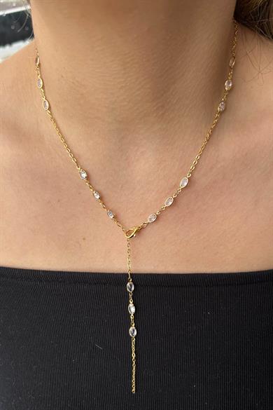 Altın Renk Taş Detaylı Çelik Y Kolye