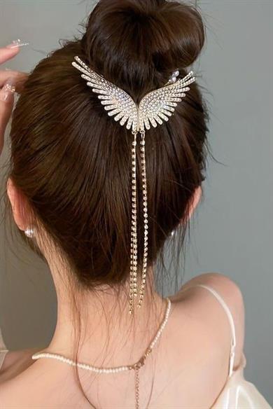 Altın Renk Melek Kanadı Figürlü İnci Ve Taş Detaylı Topuz Toka