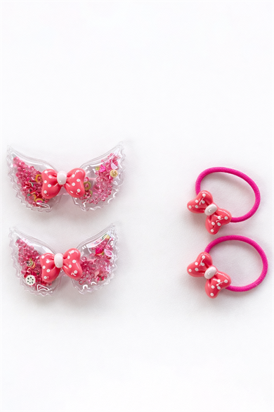 Pembe Renk Kurdele Figürlü Lastik Toka Ve Yan Toka Set