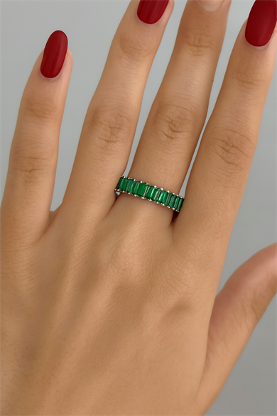 Gümüş Renk Yeşil Taş Detaylı Ayarlanabilir Çelik Yüzük