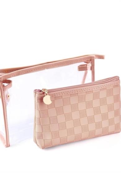 Pembe Renk 2li Şeffaf Makyaj Çantası