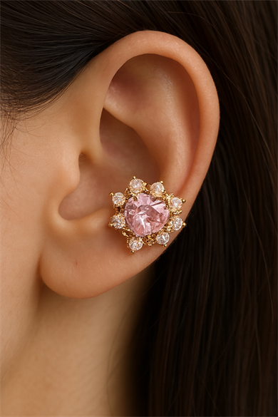 Altın Renk Kalp Figürlü Taş Detaylı 14K Altın Kaplama TX Ear Cuff (Tek)