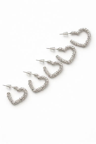 Gümüş Renk Kalp Figürlü 6lı Küpe Set