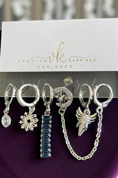 6lı Gümüş Renk Taş Detaylı Küpe Set