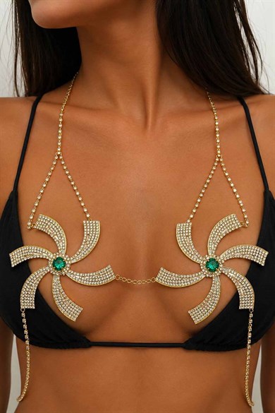 Altın Renk Taş Detaylı Bikini Üstü /Bralet /Vücut Aksesuarı