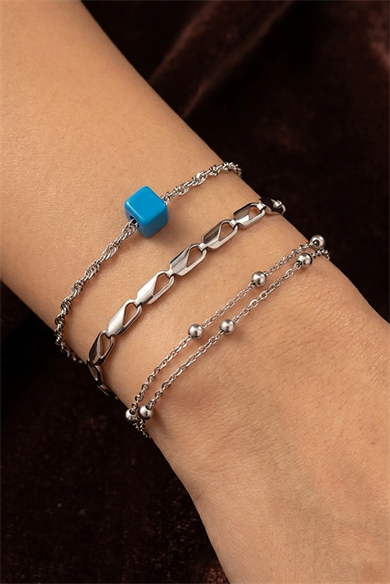 Gümüş Renk 3lü Çelik Bileklik Set