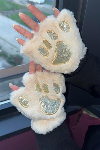 Krem Renk Pati Figürlü Peluş Eldiven