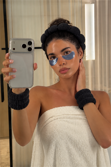 Siyah Renk Spa Taç Ve Peluş Su Emici Havlu Bileklik Set
