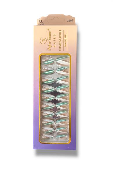 24lü Yeşil Ve Beyaz Renk Jel Görünümlü Takma Tırnak (Yapıştırıcılı)