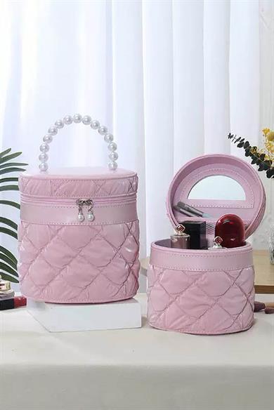 Pembe Renk İnci Detaylı Makyaj Ve Kişisel Bakım Çantası 