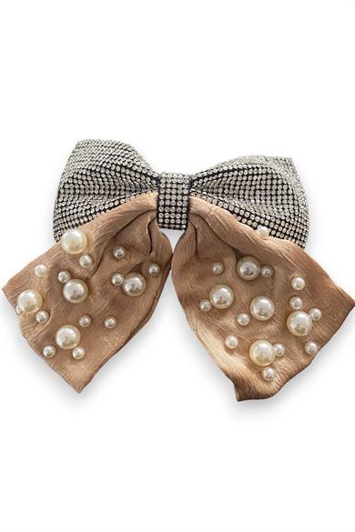 Kahverengi Kurdele Figürlü İnci Ve Taş Detaylı Otomat Toka