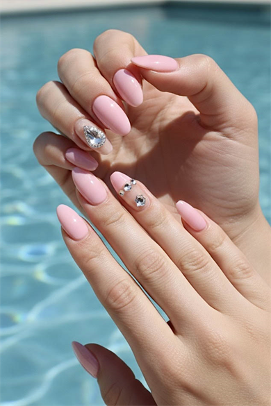 12li Pembe Renk Taş Detaylı Takma Tırnak Set (Yapıştırıcılı)