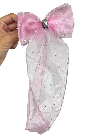 Pembe Renk Yıldız Detaylı Taşlı Kurdele Otomat Toka