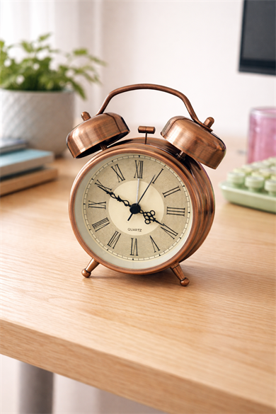 Bronz Renk Dekoratif Işıklı Alarmlı Yuvarlak Masa Saati