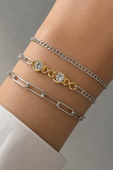 Gümüş  Renk  Zincir Detaylı 3lü Bileklik Set