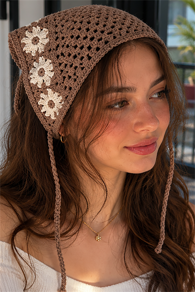 Kahverengi Renk Çiçek Desenli Örgü Saç Bandana