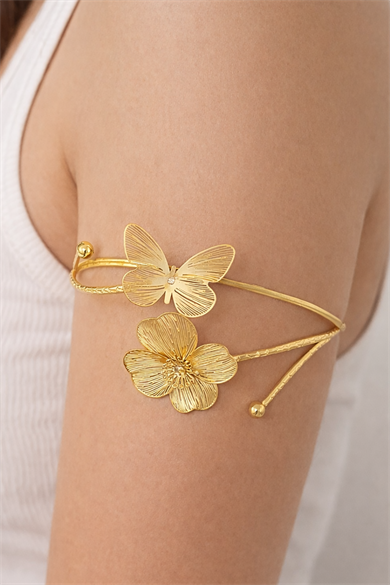 Altın Renk Çiçek Ve Kelebek Figürlü Tasarım Bileklik Kol Aksesuarı