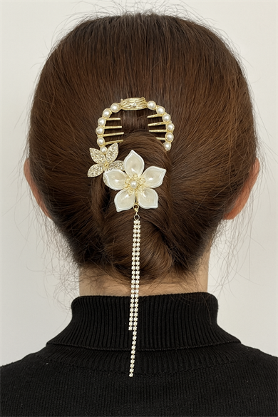 Altın Renk Çiçek Figürlü İnci Ve Taş Detaylı Topuz Toka