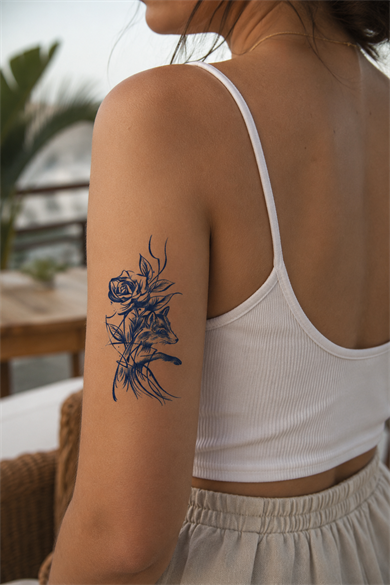 Çiçek ve Tilki Sonradan Kararan Yarı Kalıcı Geçici Dövme Tattoo