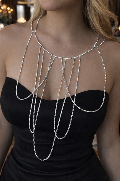 Gümüş Renk Taş Detaylı Tasarım Abiye Kolye